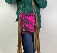 Load image into Gallery viewer, Pink Cow Hide Leather Fringe Handbag with Upcycled LV Accent