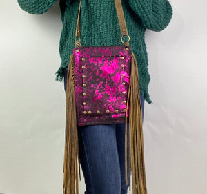 Pink Cow Hide Leather Fringe Handbag with Upcycled LV Accent