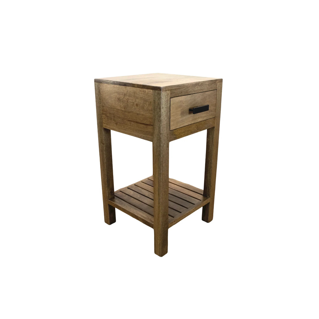 The Alcott Nightstand – Solid Wood Bedside Table with Drawer & Open Shelf