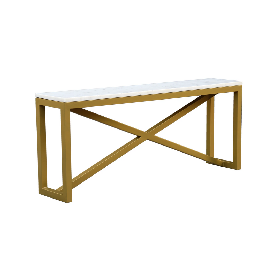 The Palisade Console – Sculptural Brass Base Console Table with White Marble Top