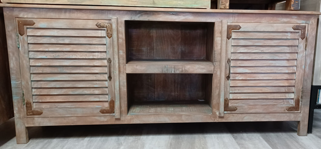 Rustic Wood Light Brown and Teal Media Cabinet