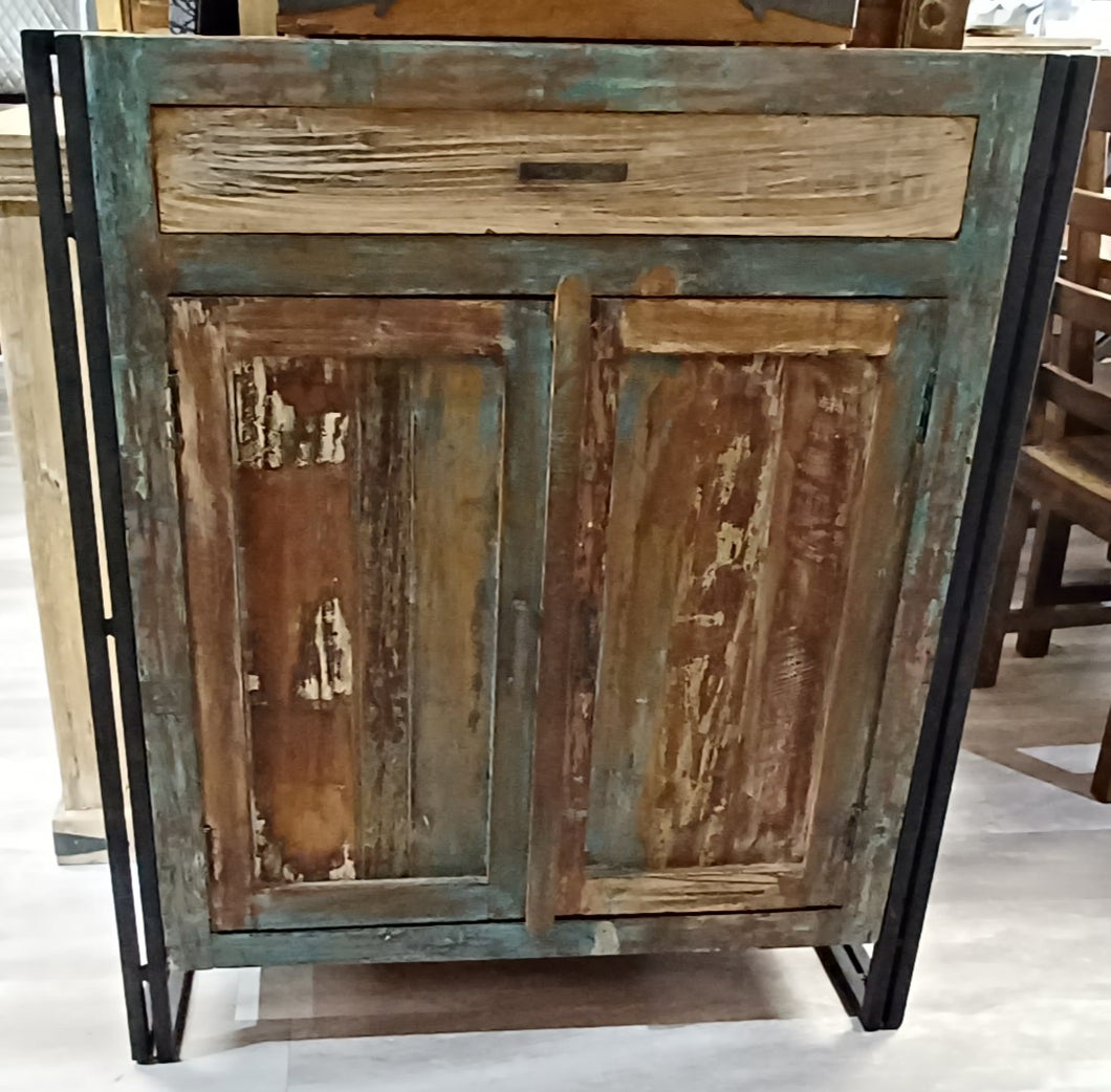 Rustic Side Table with Black Iron Legs 2 door/ 1 drawer