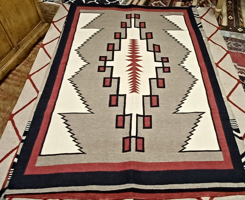 Cream, Red & Black Woolen Mills Navajo Style 5'x7' Area Rug