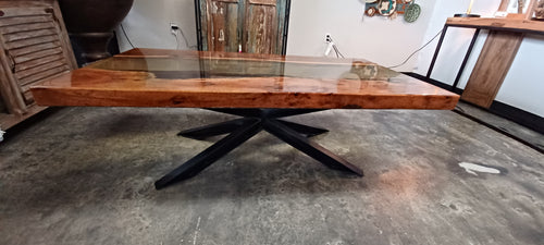Large Resin Inlay and Wood Coffee Table with XBase Rod Iron