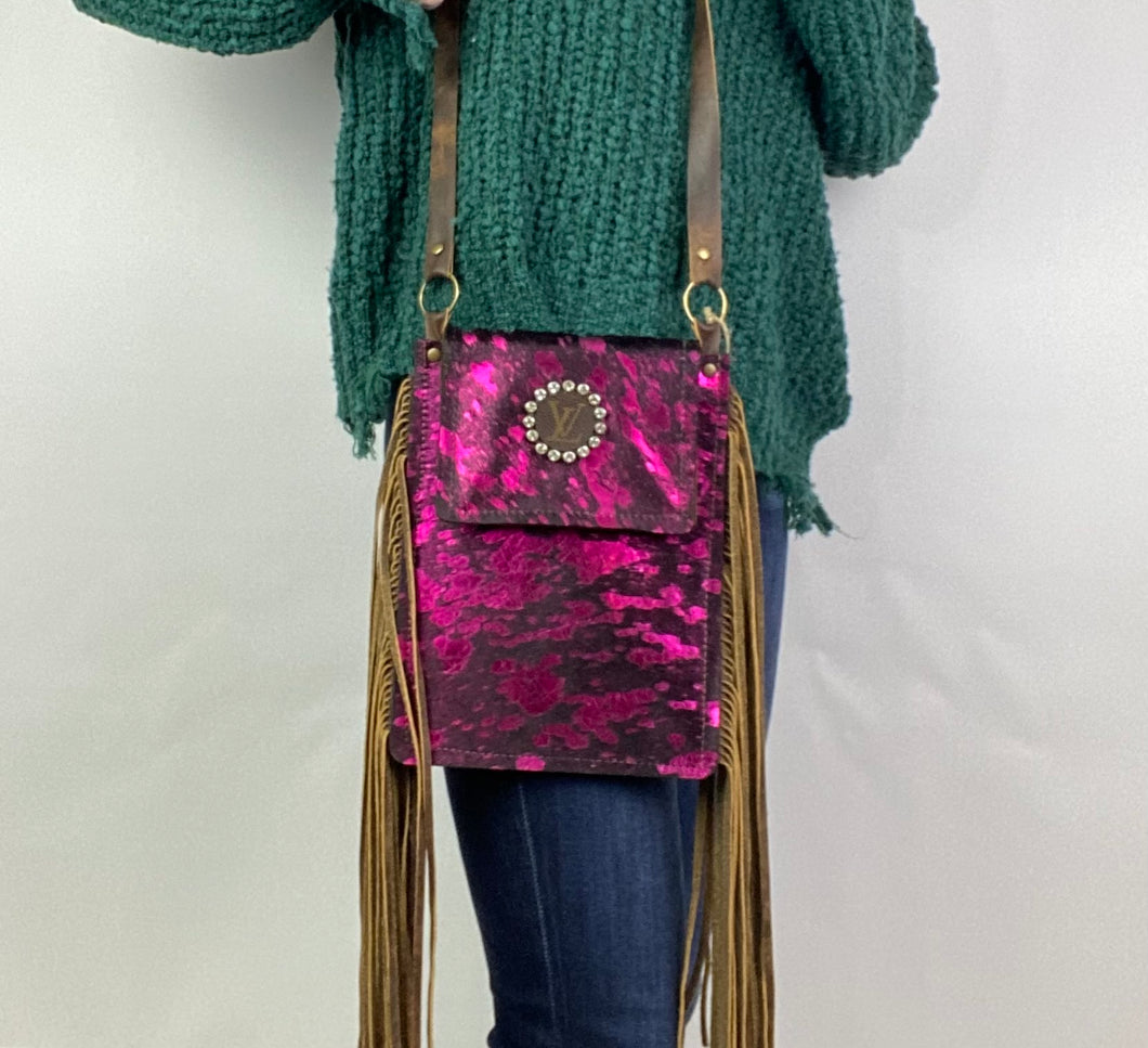 Pink Cow Hide Leather Fringe Handbag with Upcycled LV Accent